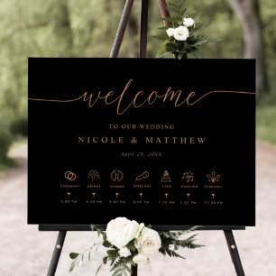 Black, Rose Gold Wedding Welcome Sign and Timeline