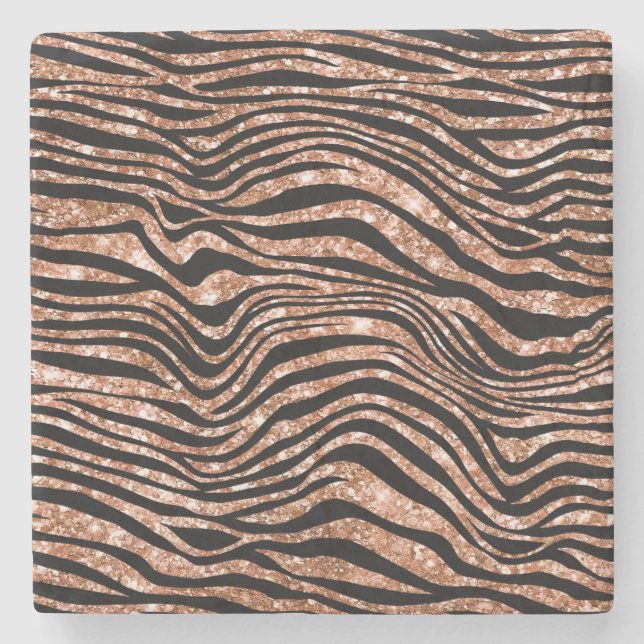Black Rose Gold Zebra Glitter Stone Coaster (Front)