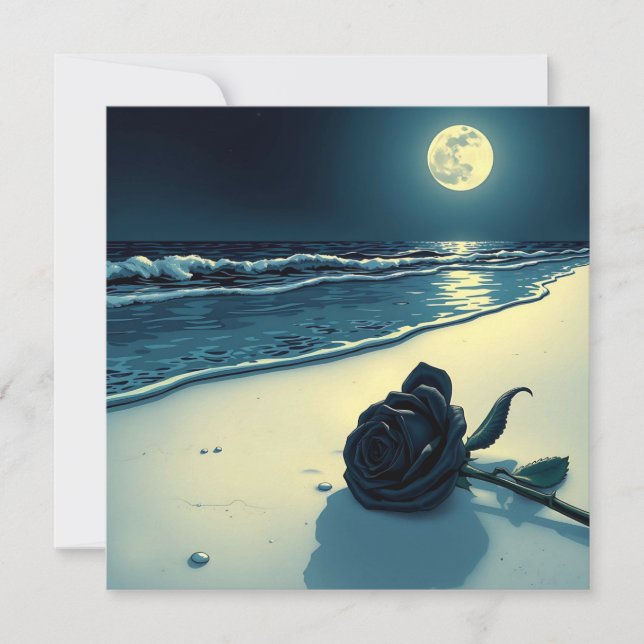 Black Rose on a Beach with Full Moon Card (Front)