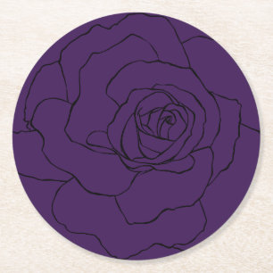 Black Rose on Purple Round Paper Coaster