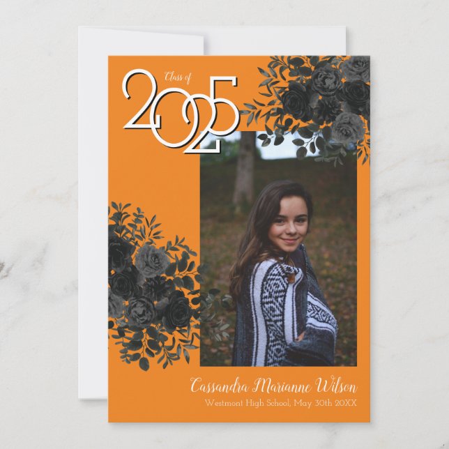 Black Rose Orange School Colours Graduation Invitation (Front)