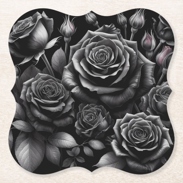 Black Rose Paper Coasters – More Shapes Available (Front)