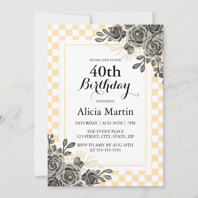 Black Rose Peach & White Chequered Birthday  Invitation (Front)