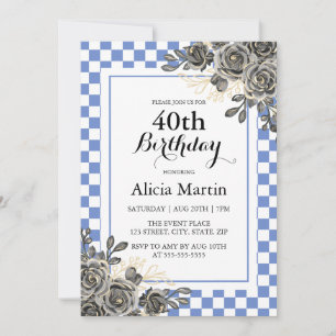 Black Rose Purple Blue & White Chequered Birthday  Invitation