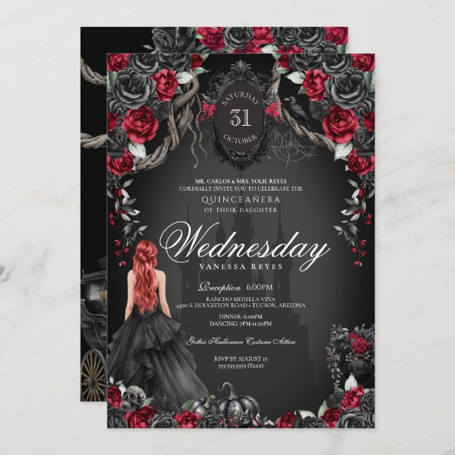 Black Rose Red Quinceañera Halloween Gothic Invitation (Front/Back)