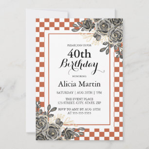 Black Rose Rust & White Chequered Birthday Invitation