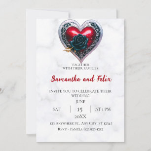Black Rose Silver Heart Marble Wedding Invitation