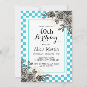 Black Rose Turquoise & White Chequered Birthday  Invitation