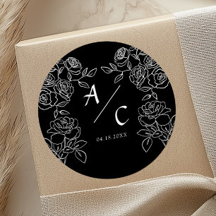 Black Rose Wedding Monogram Romantic Initials Classic Round Sticker