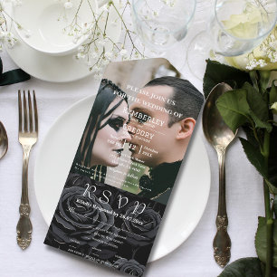 Black Rose White Text Floral Background Photo All In One Invitation