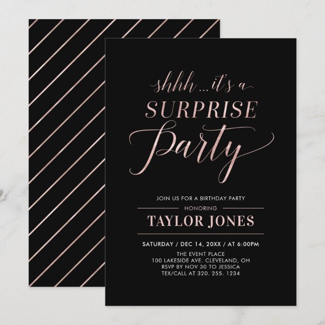 Black & Rosegold | Modern Surprise Birthday Party Invitation (Front/Back)