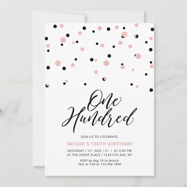 Black RoseGold Simple Hundred 100th Birthday Party Invitation (Front)
