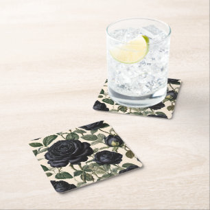 Black Roses And Green Leaves, Square Paper Coaster