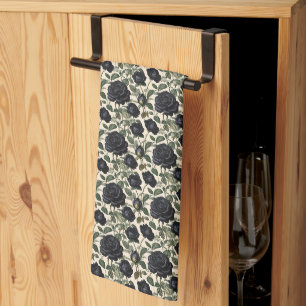 Black Roses And Green Leaves, Tea Towel