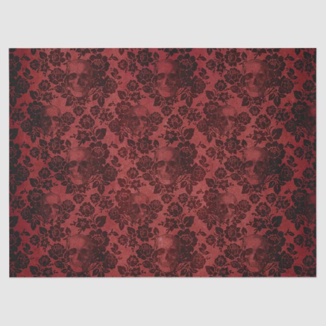 Black Roses and Skulls on Red Decoupage Tissue Paper (Front)