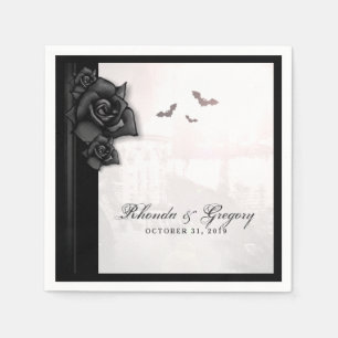 Black Roses & Bats Gothic Halloween Wedding Napkin