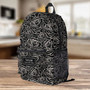 Black Roses Black and White Pattern Printed Backpack