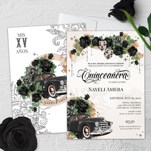 Black Roses Chicana Classic Lowrider Car Quince Invitation (Creator Uploaded)