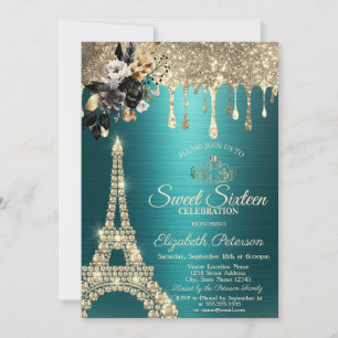 Black Roses Eiffel Tower Gold Drips Green Sweet 16 Invitation