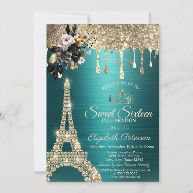 Black Roses Eiffel Tower Gold Drips Green Sweet 16 Invitation (Front)