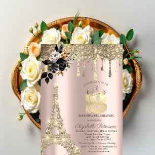 Black Roses Eiffel Tower Gold Drips Sweet 18 Invitation