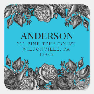 Black Roses Electric Blue Wedding Return Address Square Sticker