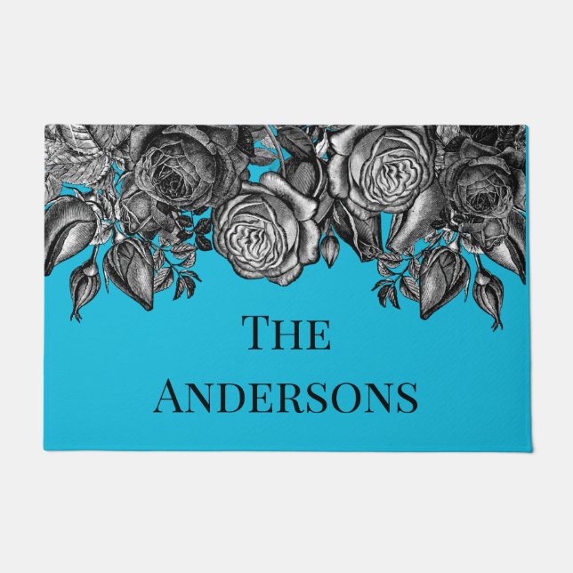 Black Roses Family Name Electric Blue Doormat (Front)