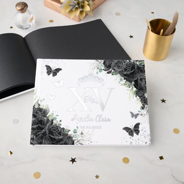 Black Roses Floral Butterflies Silver Quinceañera  Guest Book (Front Open)