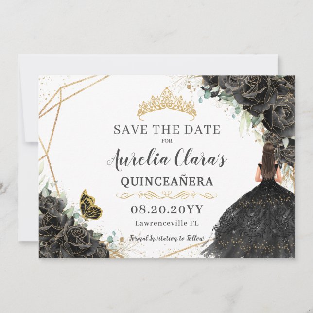 Black Roses Floral Gold Quinceanera Sweet Sixteen  Save The Date (Front)