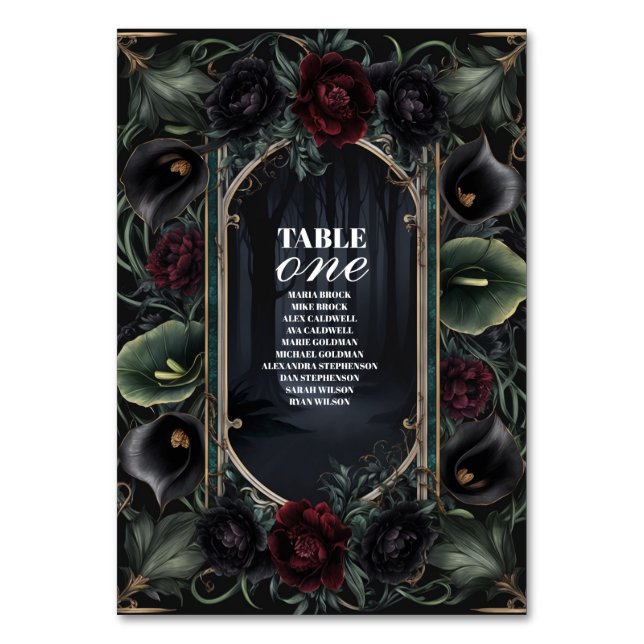 Black Roses Floral Gothic Halloween Wedding Table Number (Front)