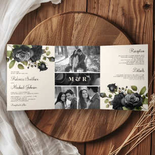 Black Roses Floral Photo Collage Cream Wedding Tri-Fold Invitation