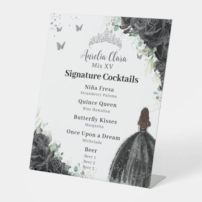 Black Roses Floral Quinceañera Cocktails Bar Menu Pedestal Sign (Front)