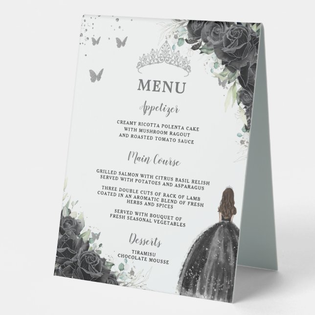 Black Roses Floral Quinceañera Food Drinks Menu (Front)