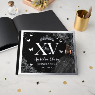 Black Roses Floral Quinceañera Quince 15 XV Silver Guest Book