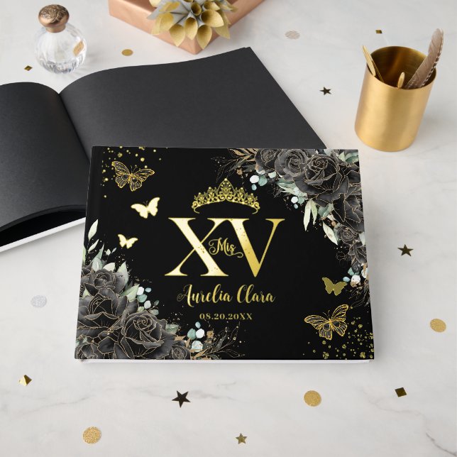 Black Roses Flower Butterflies Gold Quinceañera  Guest Book (Front Open)