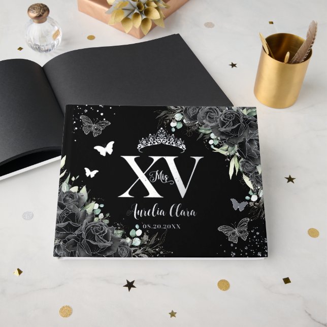 Black Roses Flower Butterflies Silver Quinceañera  Guest Book (Front Open)