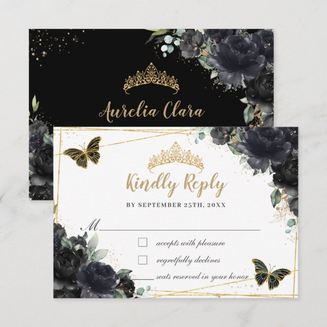 Black Roses Flowers Gold Quinceañera Butterflies RSVP Card (Front/Back)