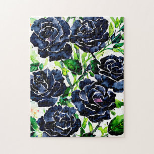 Black Roses Flowers Goth Art Watercolor Painting Jigsaw Puzzle