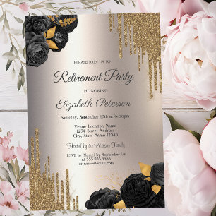 Black Roses Glitter Drips Ivory Retirement Party Invitation