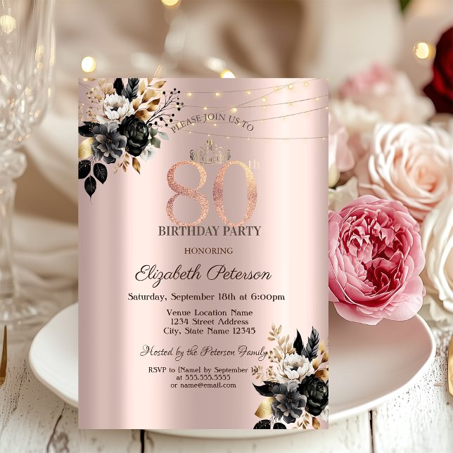 Black Roses Glitter Rose Gold 80th Birthday   Invitation (Creator Uploaded)