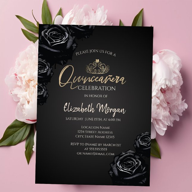 Black Roses Gold Tiara Black Quinceañera  Invitation (Creator Uploaded)