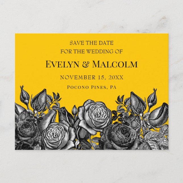 Black Roses Goldenrod Save the Date STD Announcement Postcard (Front)