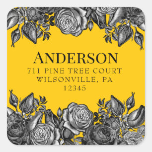 Black Roses Goldenrod Square Return Address Square Sticker