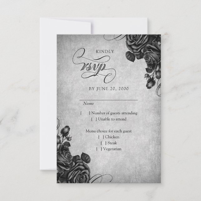 Black Roses Gothic Wedding RSVP Card (Front)