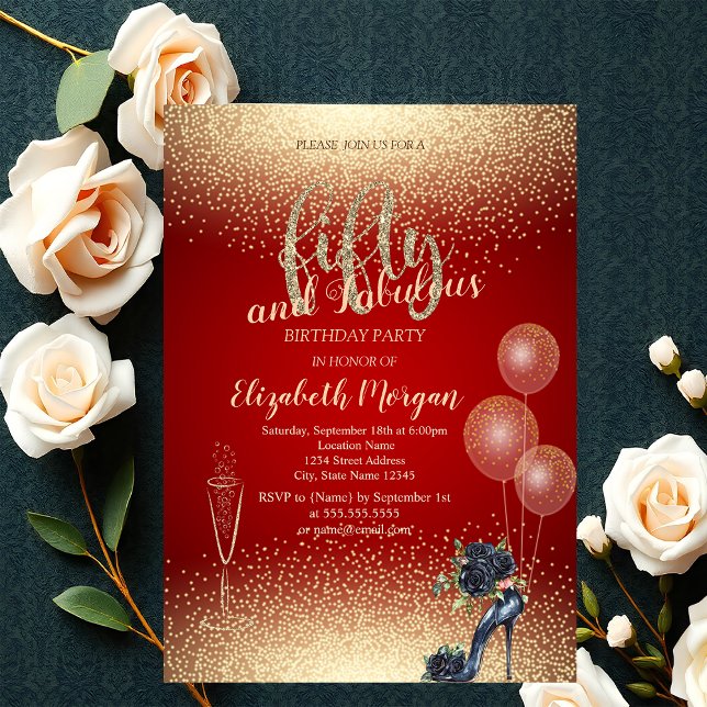Black Roses High Heels Confetti,Red  50th Birthday Invitation (Creator Uploaded)