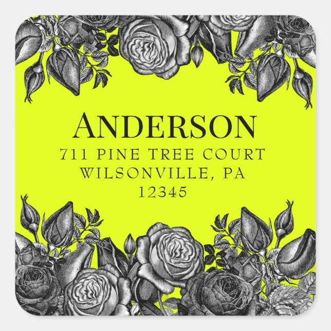 Black Roses Lime Green Wedding Return Address Square Sticker (Front)