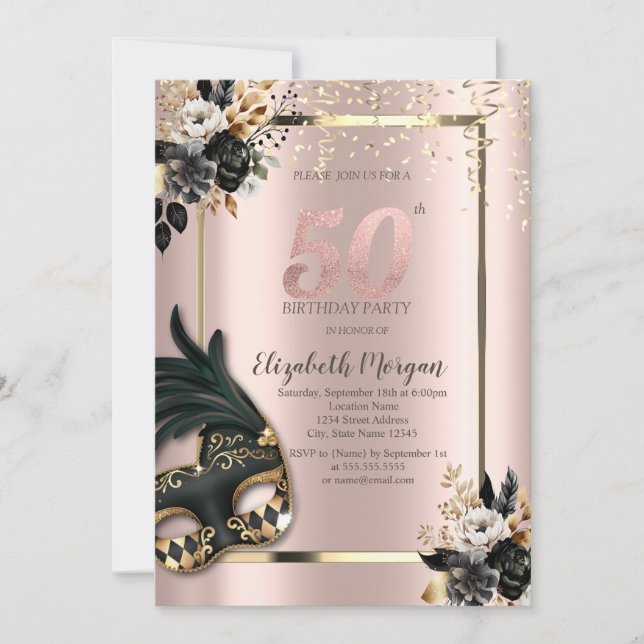 Black Roses Masque Confetti Rose Gold 50th  Invitation (Front)