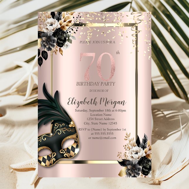 Black Roses Masque Confetti Rose Gold 70th  Invitation (Creator Uploaded)