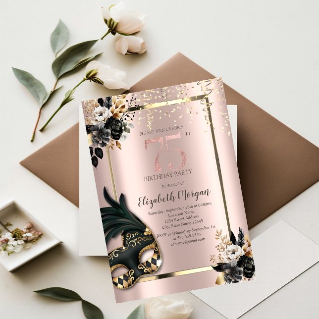 Black Roses Masque Confetti Rose Gold 75th Invitation (Creator Uploaded)