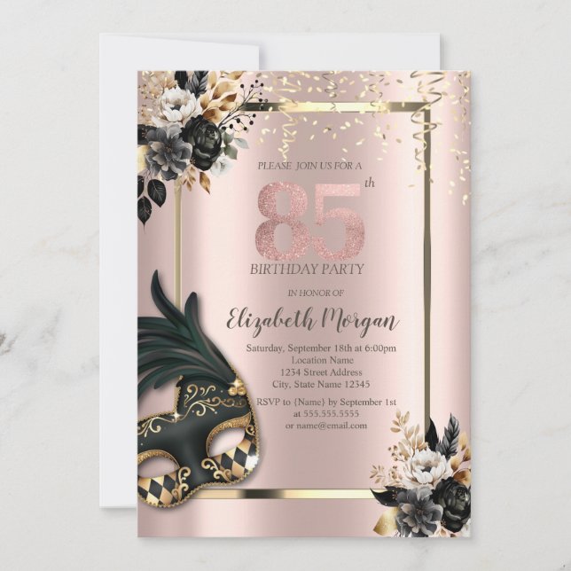 Black Roses Masque Confetti Rose Gold 85th Invitation (Front)